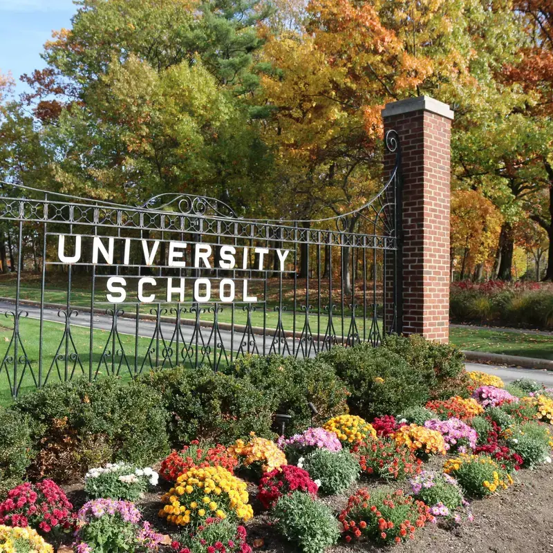 University School Shaker Campus gate with flower bed.