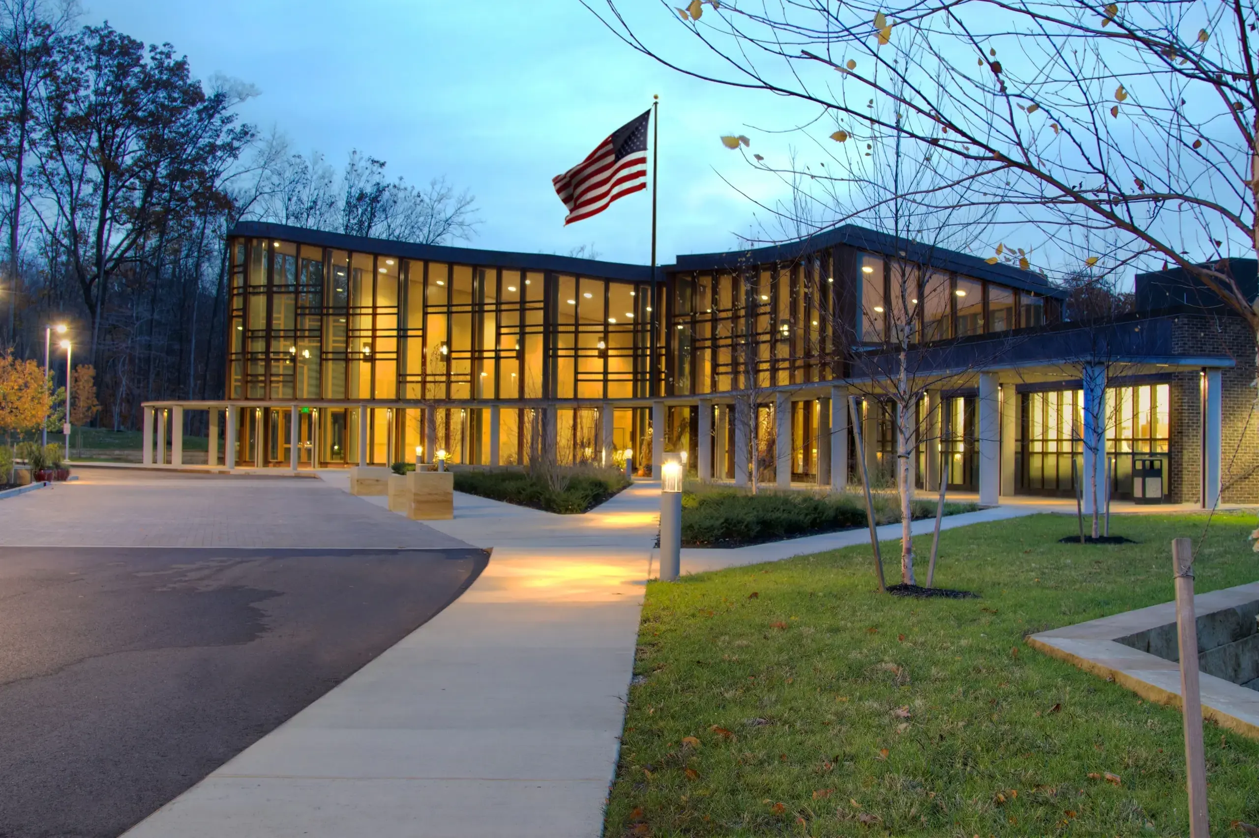 University School Hunting Valley building entrance in the evening.