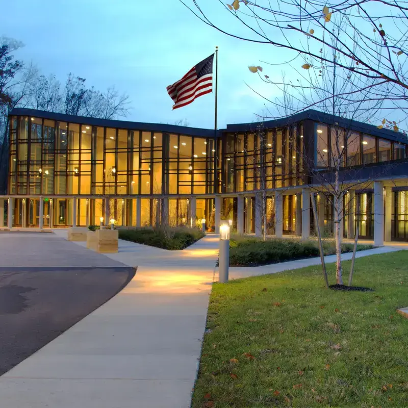 University School Hunting Valley building entrance in the evening.