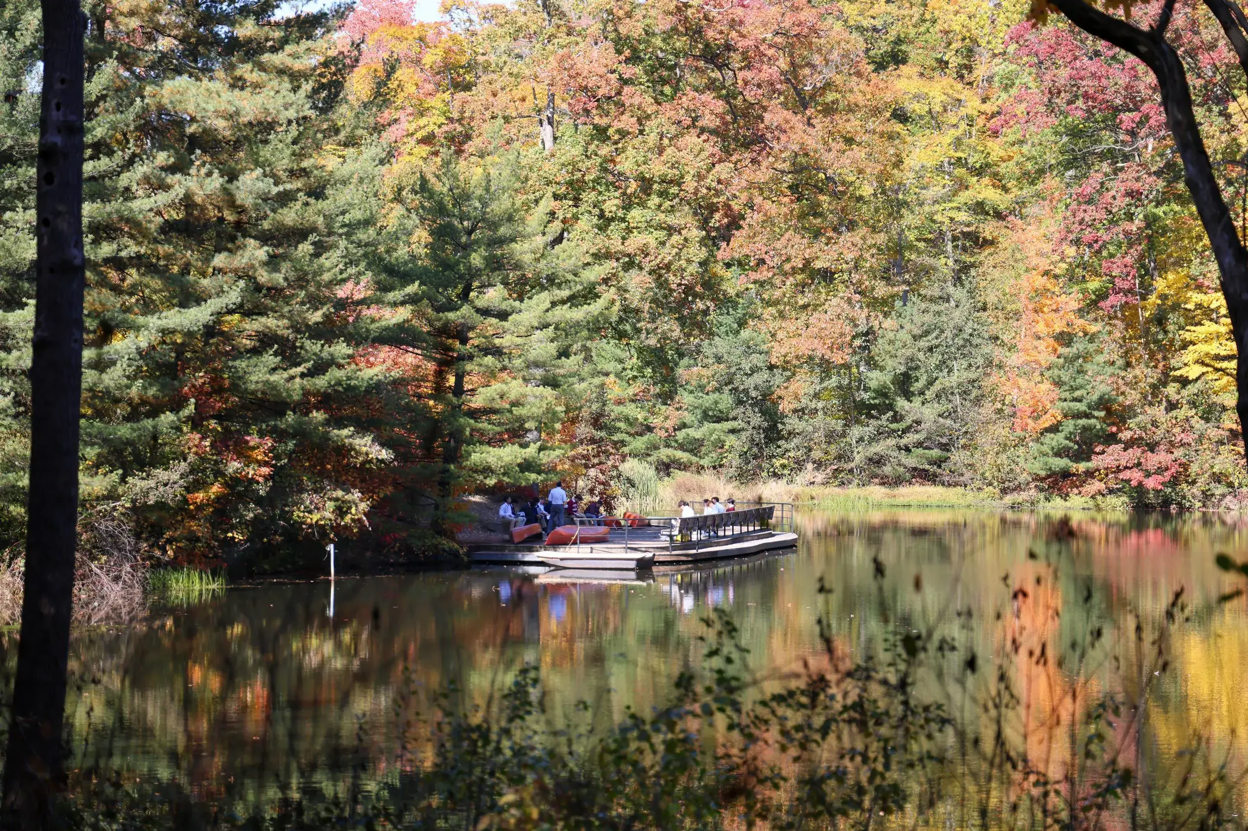 View of hunting valley campus lake with trees and dock, with students boating.