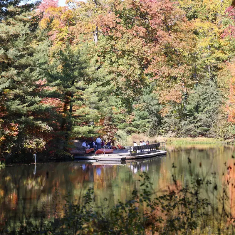 View of hunting valley campus lake with trees and dock, with students boating.
